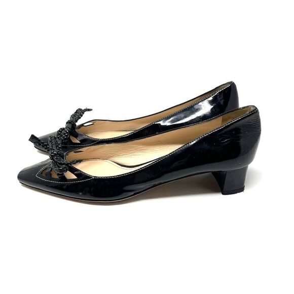 Prada black Patent leather kitten heels slip on bow cap toe EU 36.5 Italy BoxA - Picture 3 of 6